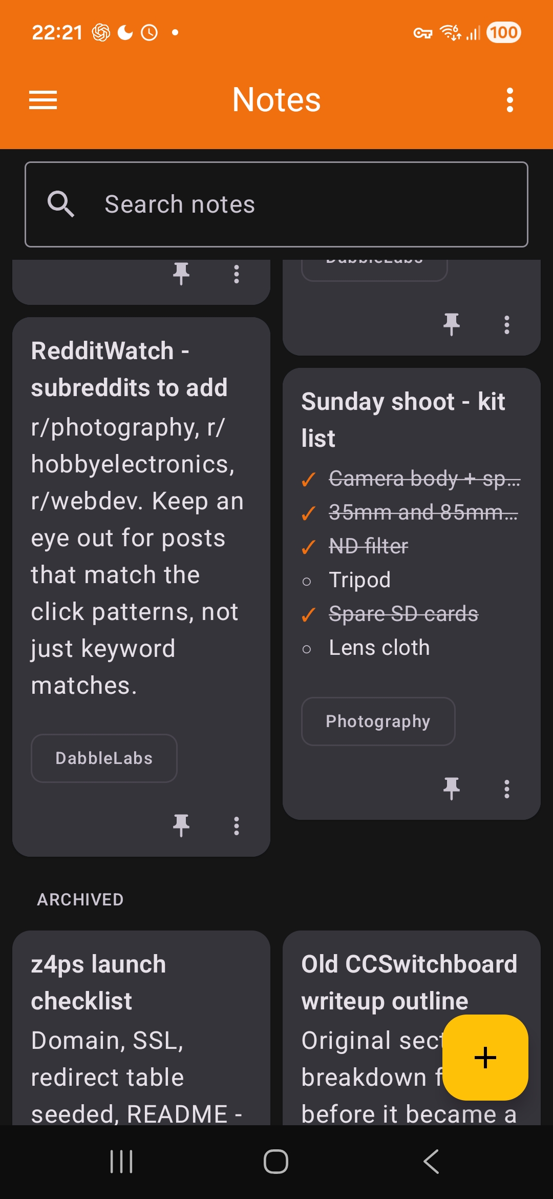 The notes list, showing pinned and labelled notes including a checklist and a text note, with search at the top