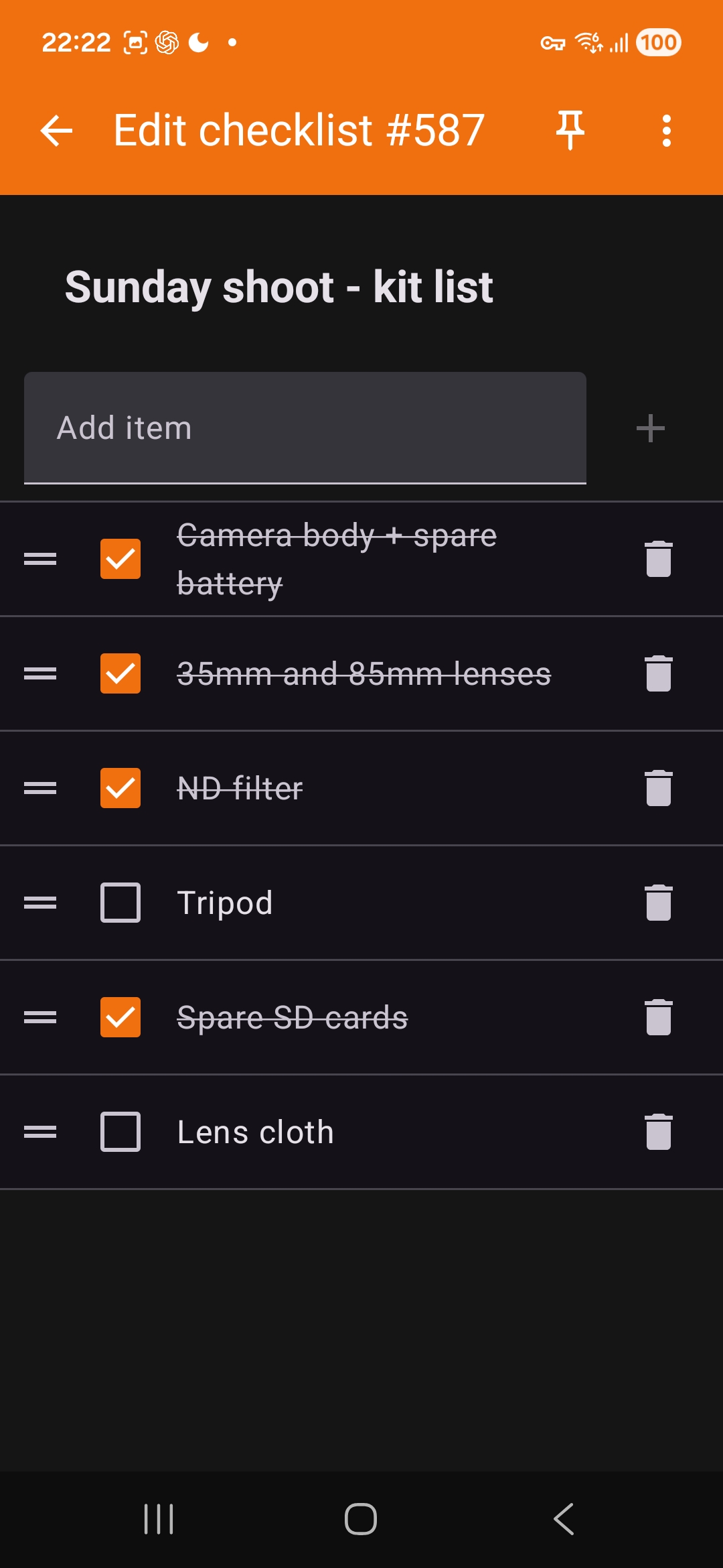 A checklist note open for editing, with some items ticked off and the add-item field focused