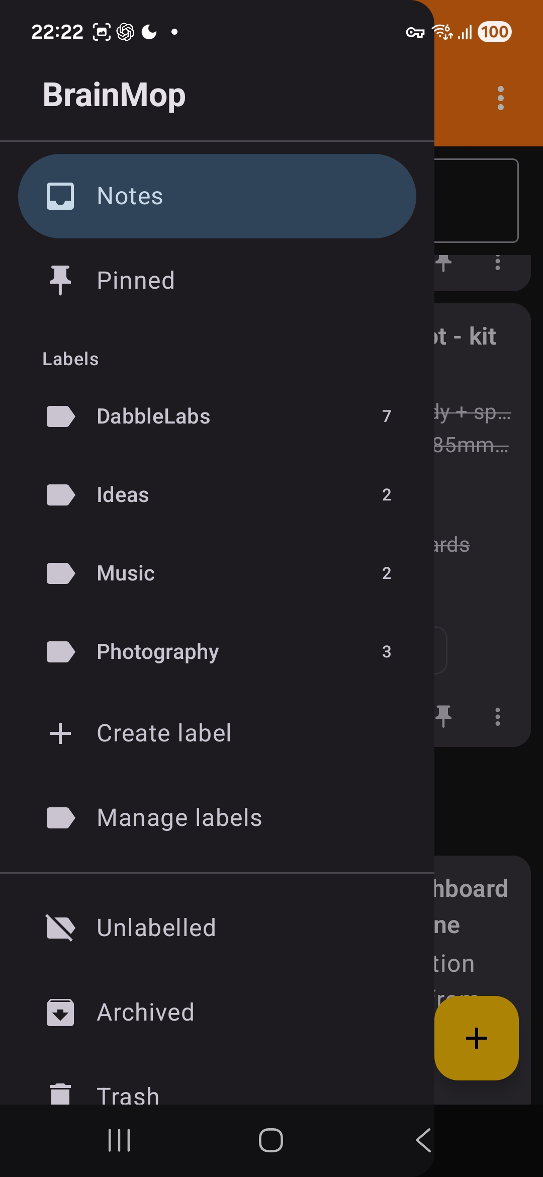 The navigation drawer open, showing Notes and Pinned views plus a list of labels with note counts