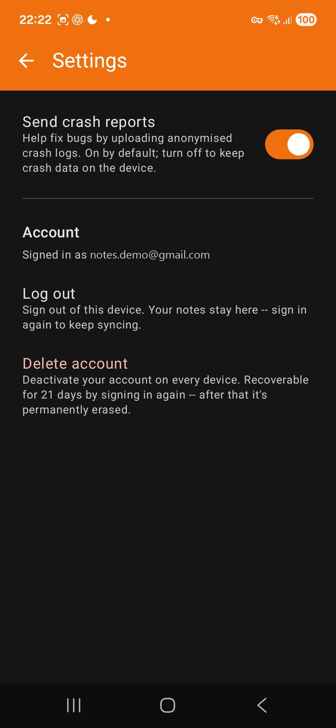 The Settings screen, showing the crash report toggle and the signed-in account with log out and delete account options