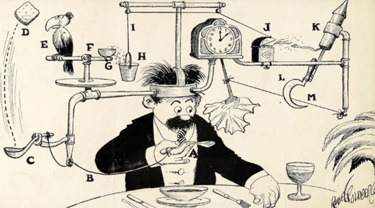 A Rube Goldberg machine, absurdly overcomplicated