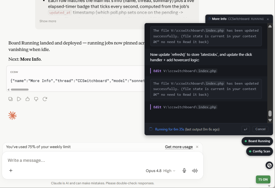 A live Claude Code run rendered in the feed: tool calls shown as cards and the run's output streaming in line by line